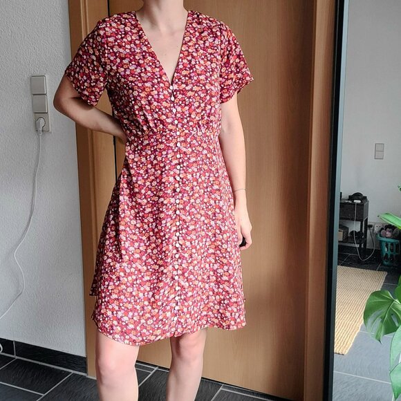 Madewell V-Neck Spring Prairie Orange-Red Ditsy Floral Button Front Mini Dress 2 - Picture 2 of 14